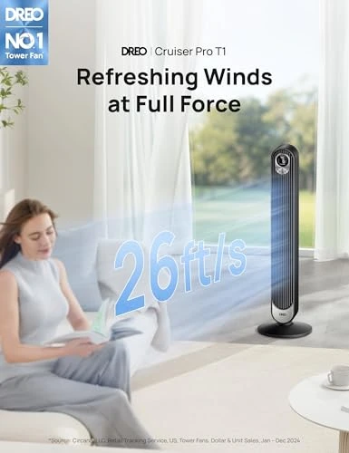 Smart Tower Fan with WiFi Voice Control, Oscillating, Bladeless, Floor Standing — Stand Fans, Dreo