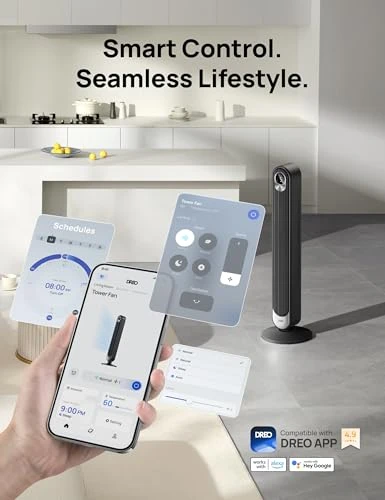 Smart Tower Fan with WiFi Voice Control, Oscillating, Bladeless, Floor Standing — Stand Fans, Dreo