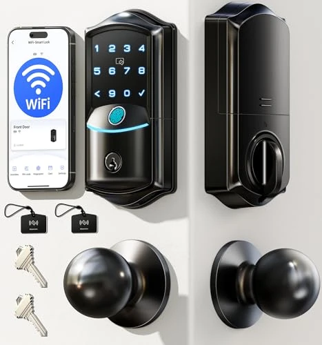 Built-in WiFi Smart Lock with Knob, Fingerprint Keyless Entry Door Lock Handle Set — Electromagnetic Security Locks, Veise