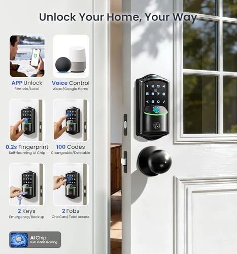 Built-in WiFi Smart Lock with Knob, Fingerprint Keyless Entry Door Lock Handle Set — Electromagnetic Security Locks, Veise