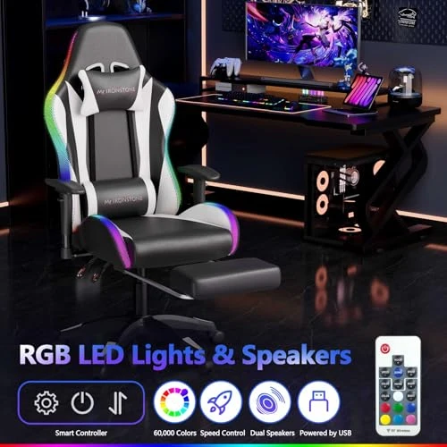 Gaming Chair with Bluetooth Speakers, LED Lights, Massage, and Adjustable Armrests — Gaming Chairs, Mr IRONSTONE