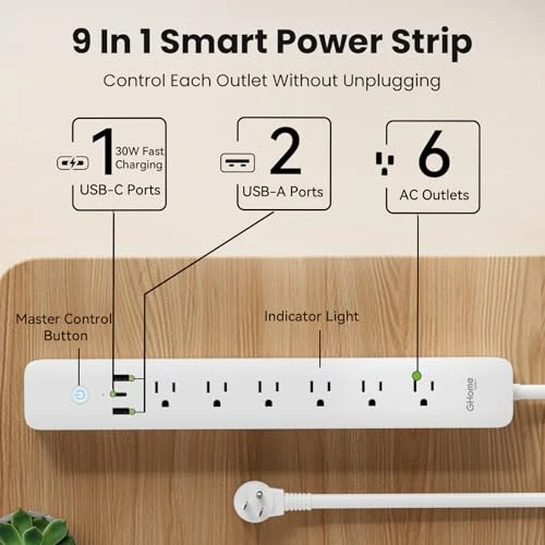 Smart Plug Power Strip with 6 Outlets and 3 USB Ports — Power Solutions & Surge Protection, GHome Smart