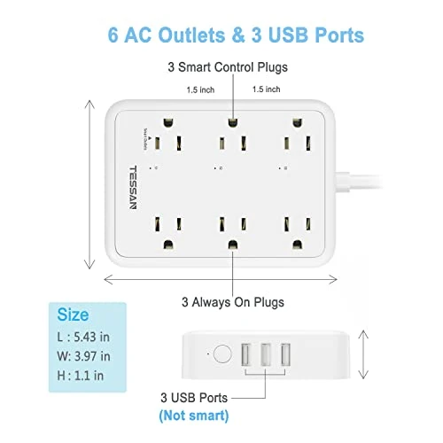 WiFi Flat Plug Strip with 3 Smart Outlets and 3 USB Ports — Power Solutions & Surge Protection, TESSAN