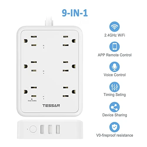 WiFi Flat Plug Strip with 3 Smart Outlets and 3 USB Ports — Power Solutions & Surge Protection, TESSAN