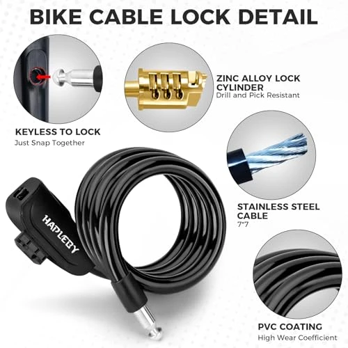 Premium Bike Lock with Keys and Mounting Bracket — Cable, Hapleby