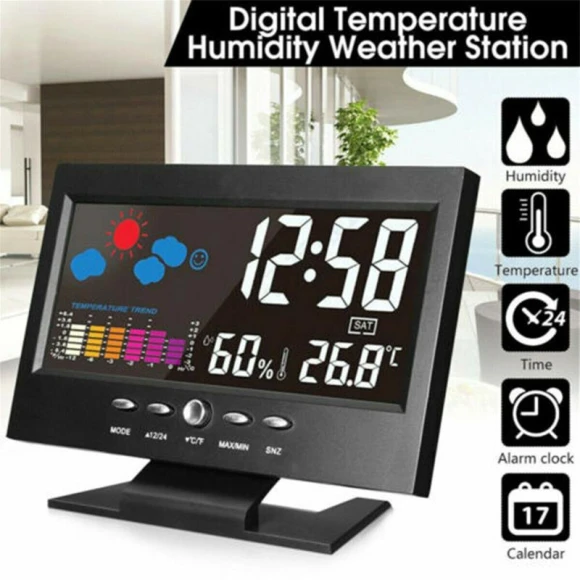 Color LCD Screen Home Perpetual Calendar Weather Station Thermometer with Humidity, Weather, and Repeat Alarm — Home Climate Control, LIAESMART Home