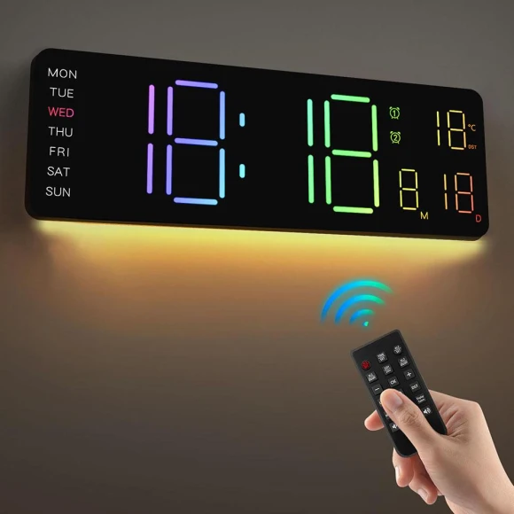 Digital LED Wall Clock with Remote Control, Calendar, Colorful Night Light, and Temperature Display — Clocks, OFFICE-MALL