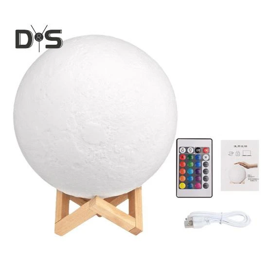 Moon Lamp with Wooden Base, 16 RGB Colors, Touch Sensor, Rechargeable 3D Night Light — Night Lights, SMOO
