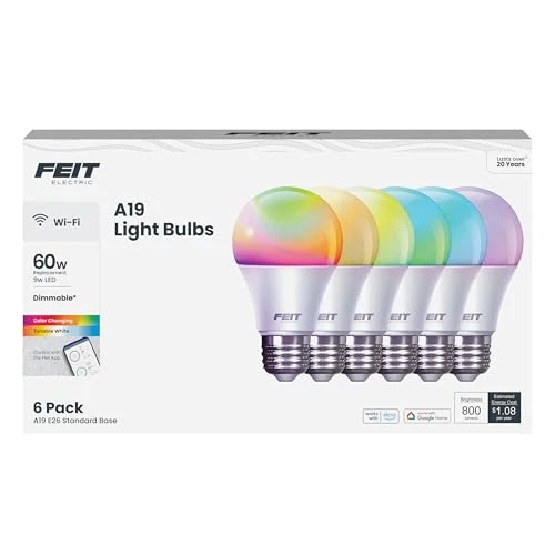 Smart LED Light Bulb, 60W Equivalent, Dimmable, RGBW Color Changing, Wi-Fi Enabled, 6-Pack — Incandescent, Feit Electric