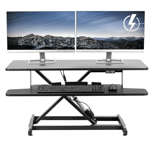 Electric Motor Desk Converter with Height Adjustable Riser and Wide Keyboard Tray — Mounts, VIVO