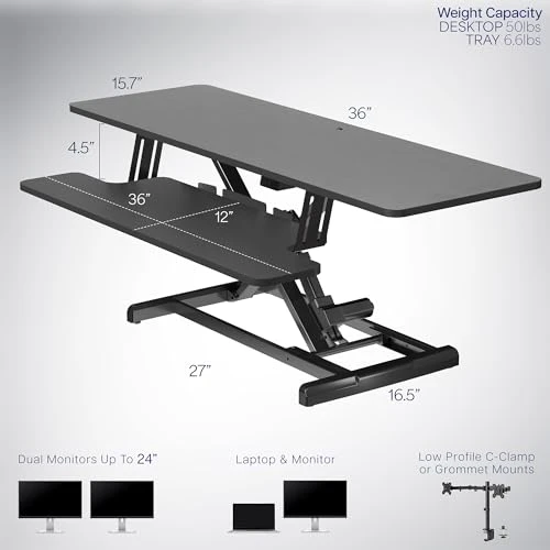 Electric Motor Desk Converter with Height Adjustable Riser and Wide Keyboard Tray — Mounts, VIVO
