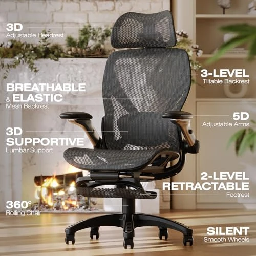 Ergonomic Mesh Office Chair with Footrest — Desk Chairs, ELABEST