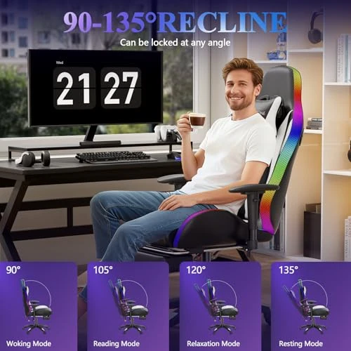 Massage Gaming Chair with Footrest and Lumbar Support — Desk Chairs, Mr IRONSTONE