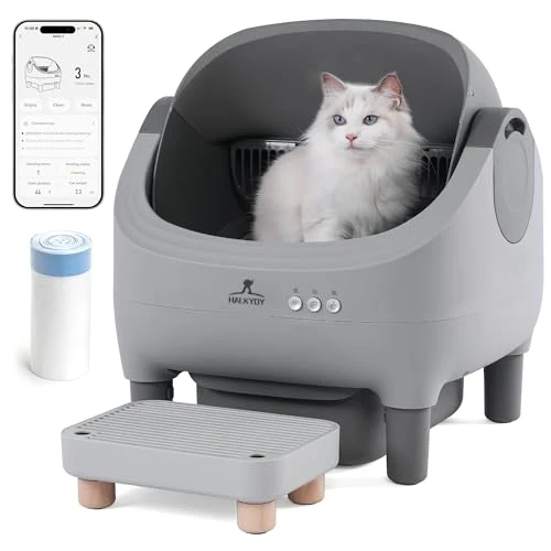 Automatic Litter Box with Raised Step, for Multiple Cats, Open Top Large Capacity Self Cleaning Litter Box, Safety... — Waste Bins, HALKYDY