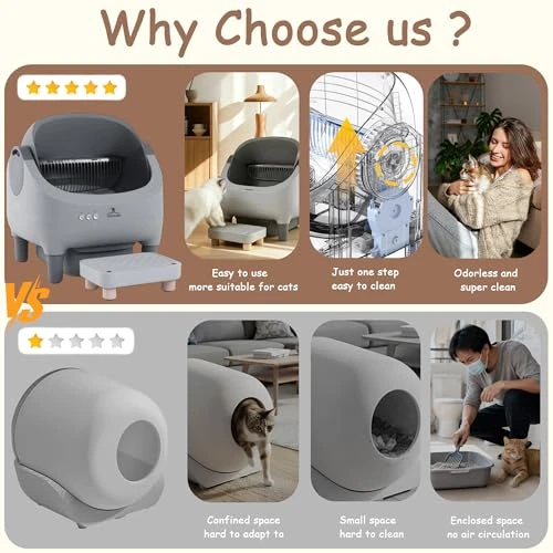 Automatic Litter Box with Raised Step, for Multiple Cats, Open Top Large Capacity Self Cleaning Litter Box, Safety... — Waste Bins, HALKYDY