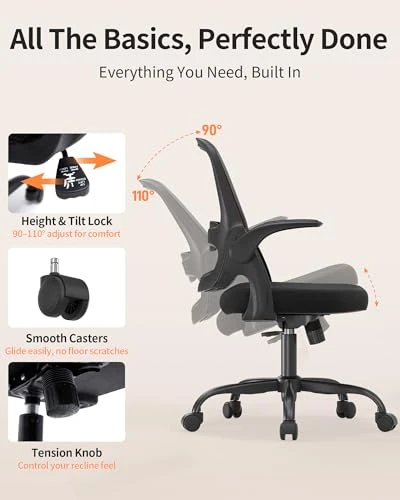 Mesh Office Chair with Flip-Up Arms, Adjustable Height, Breathable Mesh Back, Thick Cushion Seat, 360° Swivel Rolling... — Desk Chairs, LukkDys