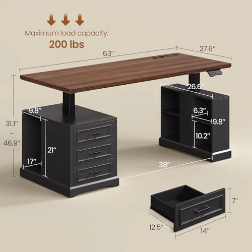 Farmhouse Electric Standing Desk with Drawers and Storage Shelves — Office, SEDETA