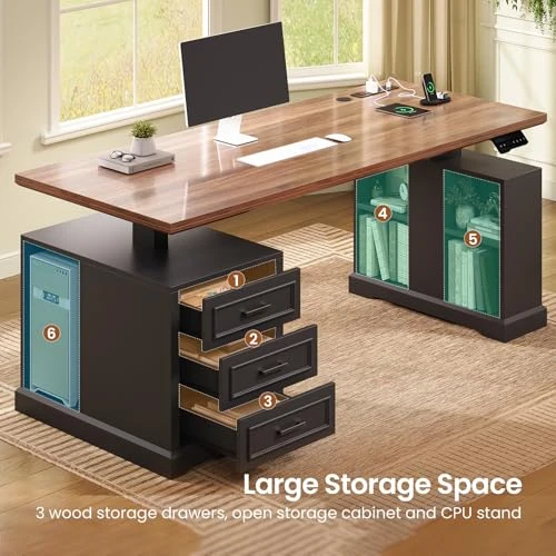 Farmhouse Electric Standing Desk with Drawers and Storage Shelves — Office, SEDETA