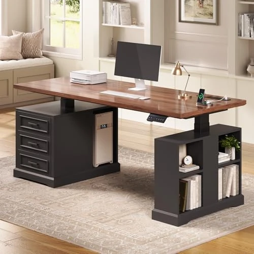 Farmhouse Electric Standing Desk with Drawers and Storage Shelves — Office, SEDETA