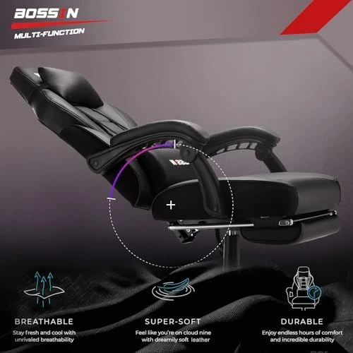 Gaming Chair with Massage, Ergonomic Heavy Duty Design with Footrest and Lumbar Support, Large Size Cushion High Back... — Gaming Chairs, BOSSIN