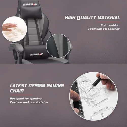 Gaming Chair with Massage, Ergonomic Heavy Duty Design with Footrest and Lumbar Support, Large Size Cushion High Back... — Gaming Chairs, BOSSIN