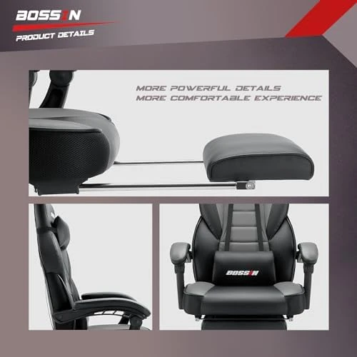 Gaming Chair with Massage, Ergonomic Heavy Duty Design with Footrest and Lumbar Support, Large Size Cushion High Back... — Gaming Chairs, BOSSIN