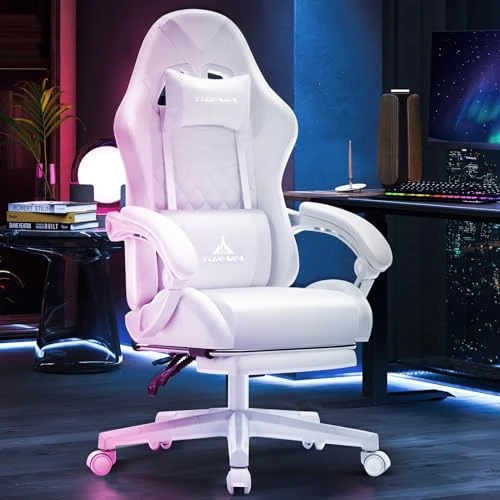 White Gaming Chair with Footrest, Massage, and Reclining — Desk Chairs, TUKAKA