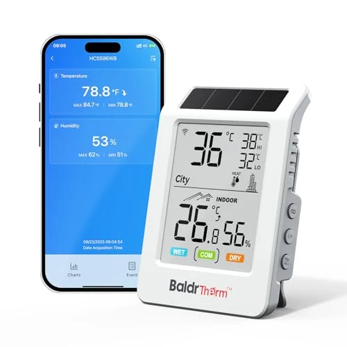 WiFi Bluetooth Thermometer Hygrometer with Solar Boost — Home Climate Control, BaldrTherm