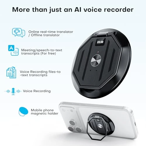 Voice Recorder with AI Transcription, Translation, and Phone Stand — Language Translators, Papanoo
