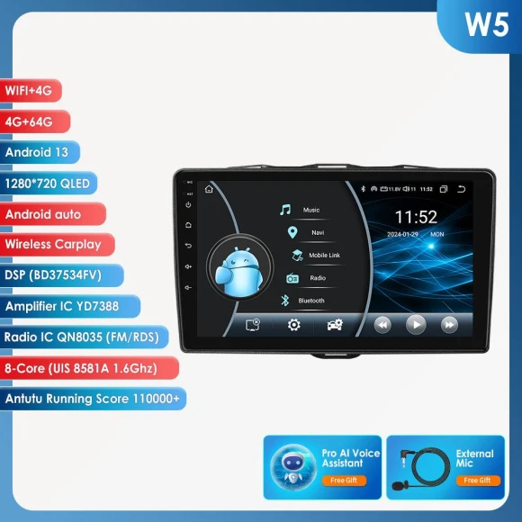 9-inch AI Smart Player with Android, CarPlay, GPS, 4G, Wi-Fi — In-Dash, OSSURET
