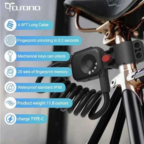 Fingerprint Bicycle Lock with Key Lightweight Anti-Theft and Weather Resistant Digital Electronic Biometric Intelligent... — Cable, OFASONO