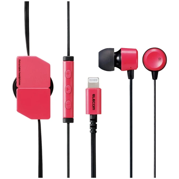 Smartphone Headphones, In-Ear, Lightning Stereo, Retractable, with Microphone, Pink — In-Ear Headphones, ELECOM