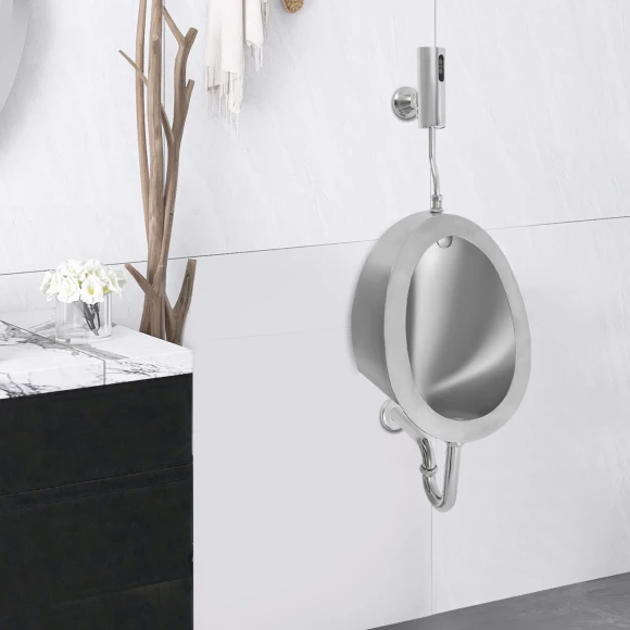 Stainless Steel Silver Oval Wall-Mounted Sensor Urinal for Adult Men — Hands-Free Faucets, Build My Home
