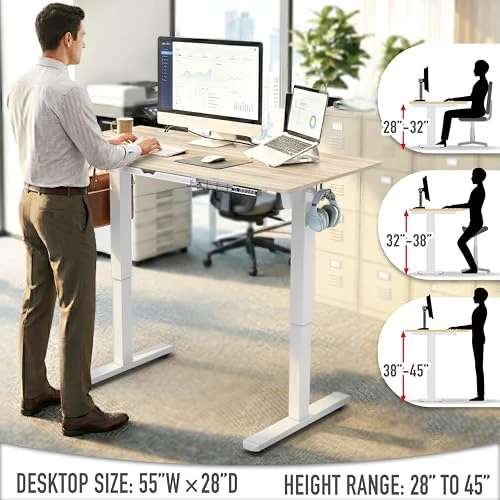 Electric Height Adjustable Standing Desk with Drawer and Memory Preset — Office, SHW
