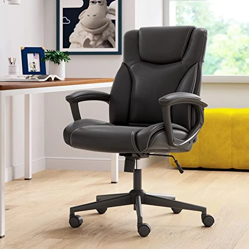 Executive Office Chair with Layered Body Pillows, Contoured Lumbar, Adjustable Seat Height, Bonded Leather — Desk Chairs, Serta