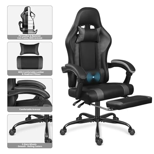 Gaming Chair with Footrest and Massage Lumbar Support — Massage Chairs, ErgoDesign