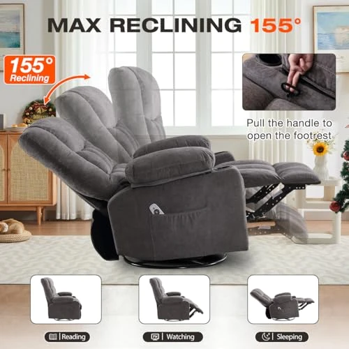 Swivel Recliner Chair with Vibration Massage and Lumbar Heat — Recliners, MAHOMICO