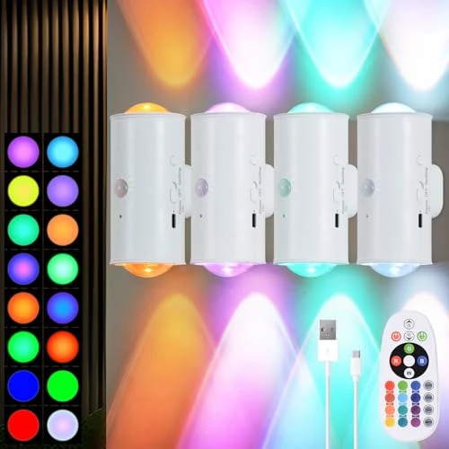 Wireless Wall Sconce with Remote, Motion Sensor, 16 Colors Changing, Dimmable, Rechargeable Battery, 4-Pack — Wall Lighting, Hirzsjoy