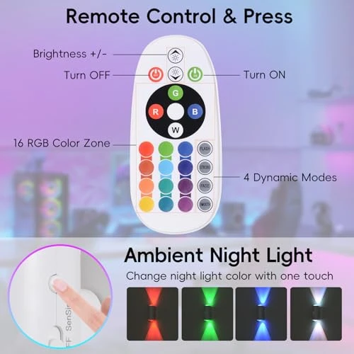 Wireless Wall Sconce with Remote, Motion Sensor, 16 Colors Changing, Dimmable, Rechargeable Battery, 4-Pack — Wall Lighting, Hirzsjoy