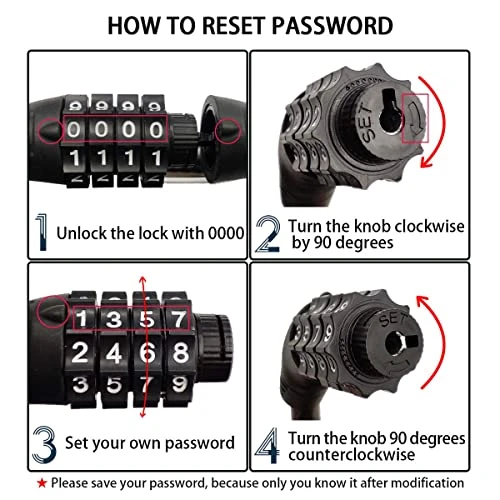4 Digit 3 Feet Long Bike Lock Cable Combination, Revelook