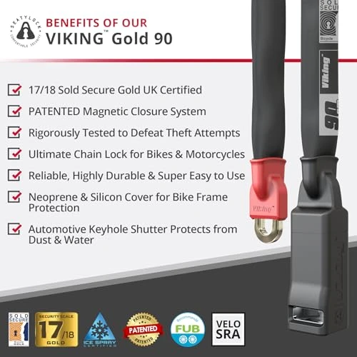 Bike Chain Lock with Key - Magnetic Patented Sold Secure Gold Rated - Heavy Duty Anti Theft - Smart Ultra Security..., Seatylock