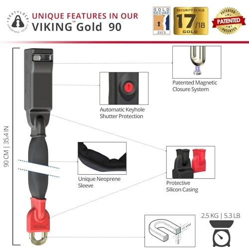 Bike Chain Lock with Key - Magnetic Patented Sold Secure Gold Rated - Heavy Duty Anti Theft - Smart Ultra Security..., Seatylock