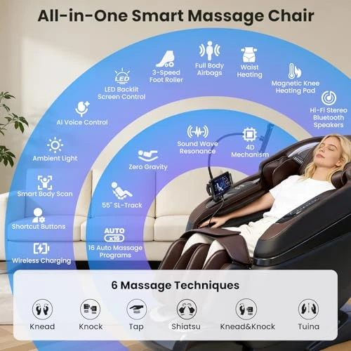 4D Music Rhythm Massage Chair Full Body with Zero Gravity, SL-Track Shiatsu Recliner, Knee Heating Blanket, AI Voice,... — Beds & Tables, KTENTITO