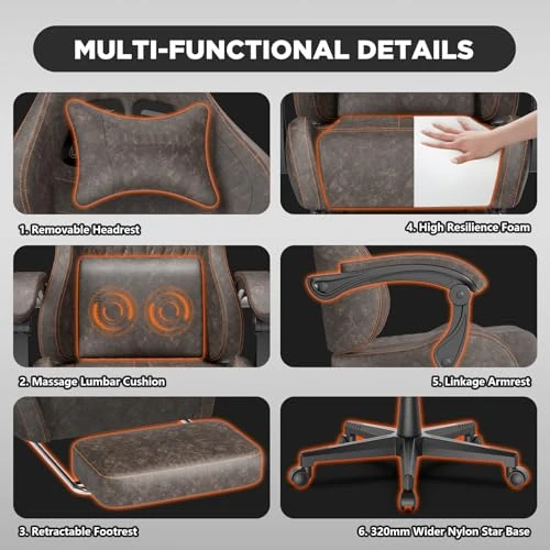 Vintage PU Leather Gaming Chair with Massage and Footrest — Gaming Chairs, Ferghana