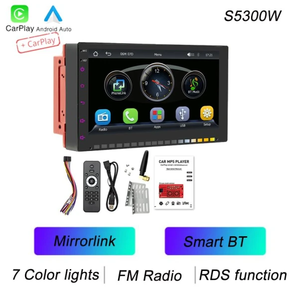 2 Din 7 Inch HD Car MP5 Player with USB, Bluetooth, RDS, Color Button Backlight, Mirrorlink, Android Auto, CarPlay — Car Infotainment System, Auto Launcher