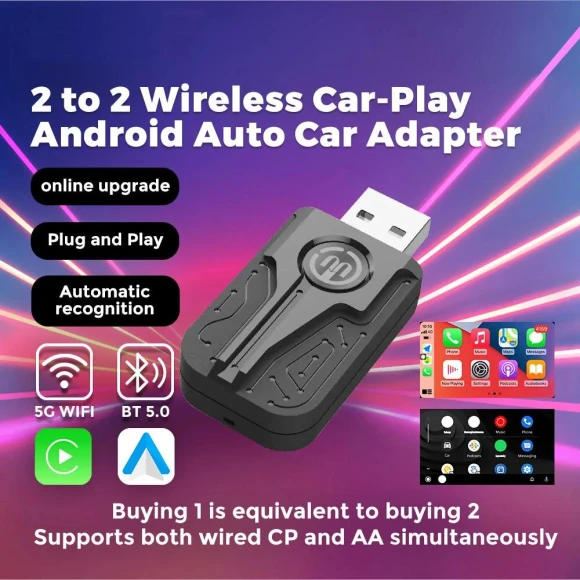 2-in-1 Wireless Adapter for CarPlay and Android Auto — Car Infotainment System, Auto Launcher