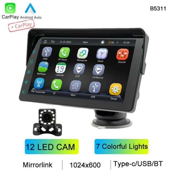 7-inch HD Portable Car Player with Wireless CarPlay, Android Auto, MirrorLink, Bluetooth, USB Type-C, 7 Color Lights — Car Infotainment System, Auto Launcher