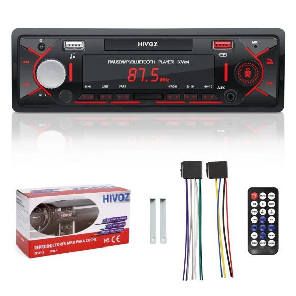 Single DIN MP3 Car Stereo with FM Radio, USB, AUX, Bluetooth, and Dual USB Ports — Car Infotainment System, HIVOZ