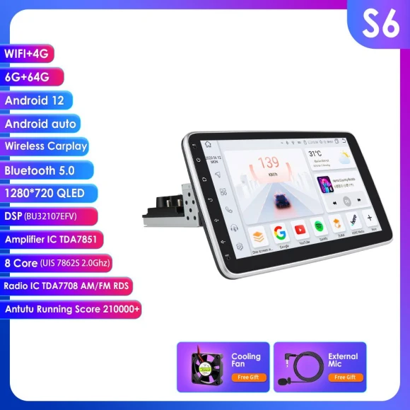 Rotating 1 Din Android 13 Car Multimedia Player with GPS Navigation — Car Infotainment System, Hizpo