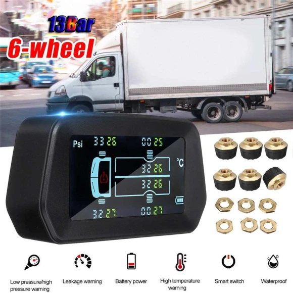 Tire Pressure Monitoring System with Solar Panel, LCD Display, and 6 External Sensors — TPMS, Direct supply Europe